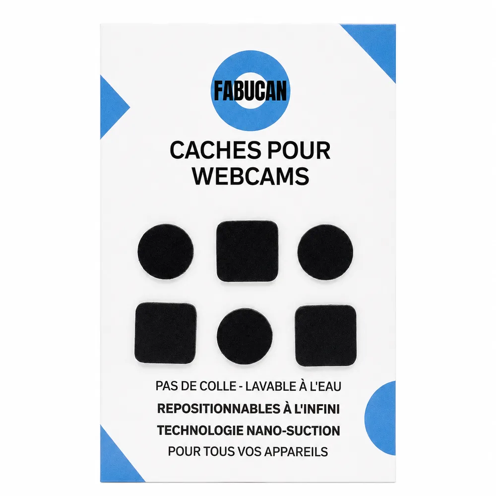 Packaging FABUCAN : lot de 6 caches pour webcams, 3 carrés et 3 ronds, technologie nano-suction